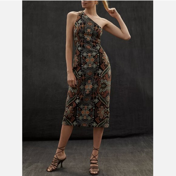 Anthropologie Dresses & Skirts - Anthropologie Black One Shoulder Jacquard Midi Dress